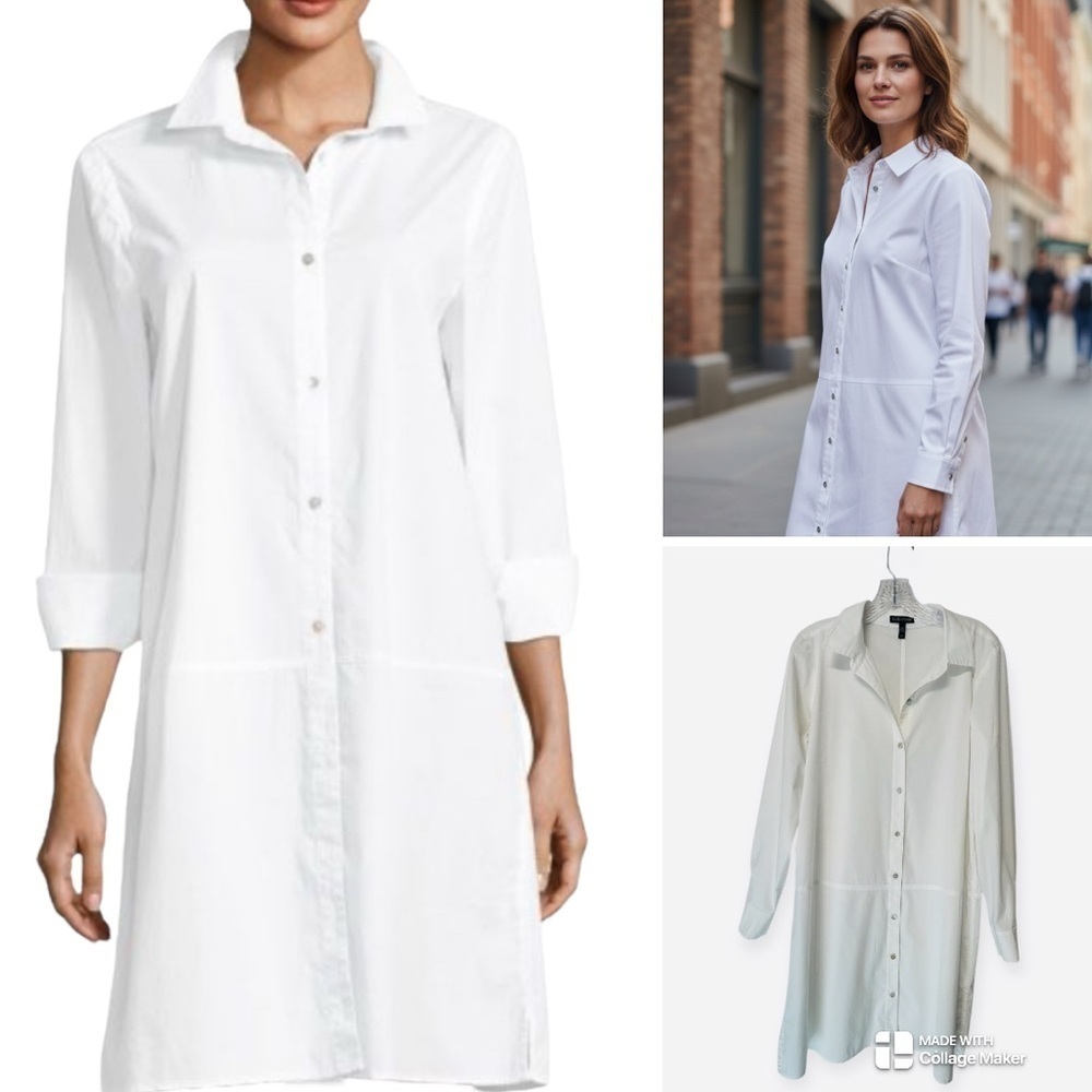 Eileen Fisher White Button-Up Shirt Dress